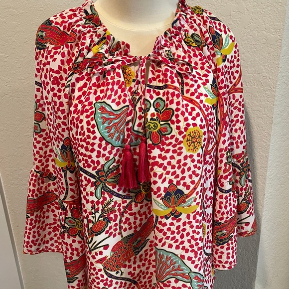 JADE Melody Tam Red Tropical Peacock Print Blouse. Medium Excellent Condition - Picture 2 of 8